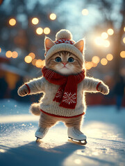 cute kitten ice skating on christmas evening rink in winter.