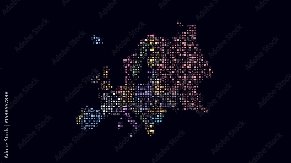 Poster europe dotted animation. shape of the continent build of pulsating colored dots. small size rounded 