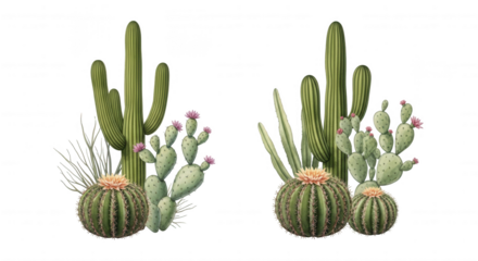 Two desert cactus arrangements featuring saguaro prickly pear and barrel cactus varieties with pink and yellow flowers isolated on transparent background