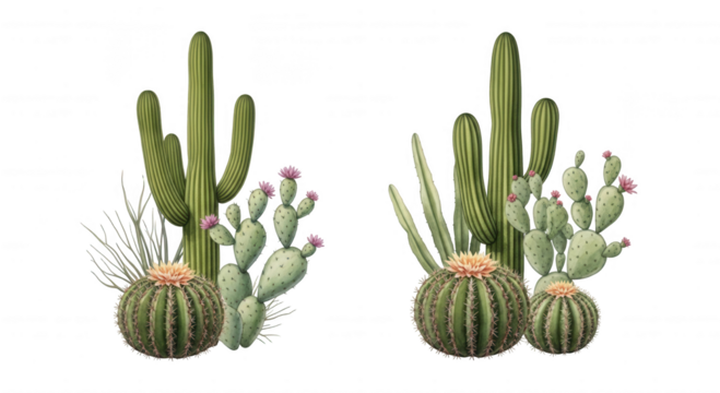 Two desert cactus arrangements featuring saguaro prickly pear and barrel cactus varieties with pink and yellow flowers isolated on transparent background