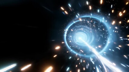 Abstract Light Tunnel with Blue Glow Effect in Motion and Gold Particles on a Dark Space Background Rendered in 3D - Powered by Adobe