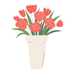Beautiful red flower bouquet in a vase. Perfect for spring, love, Mother's Day, home decor or gift related designs in a modern, charming style. Flat vector isolated illustration