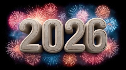 "2026" in bold 3D silver text with colorful fireworks exploding in the night sky, festive New Year celebration theme.