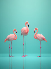 Obraz premium three graceful beautiful pink flamingos stand in water on mint background.