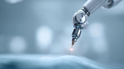 Futuristic robotic arm precisely working. Represents automation, technological advancement, and medical precision. Ideal for illustrating innovation and progress.