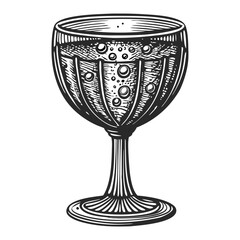 Glass of champagne with bubbles, elegantly sketched in monochrome, showcases sparkling drink. Festive glass of champagne with bubbles symbolizes celebration and joy with drink in vintage style.