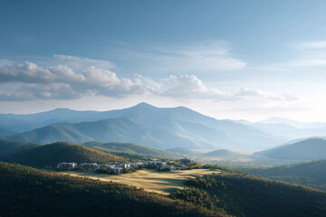 Scenic vista of luxury homes nestled in a lush, green mountain valley under a serene blue sky. Conveys peace, exclusivity, and natural beauty. Ideal for travel or real estate.