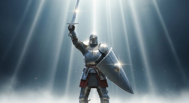 A knight in shining armor raises his sword to the sky in a heroic pose, bathed in divine light
