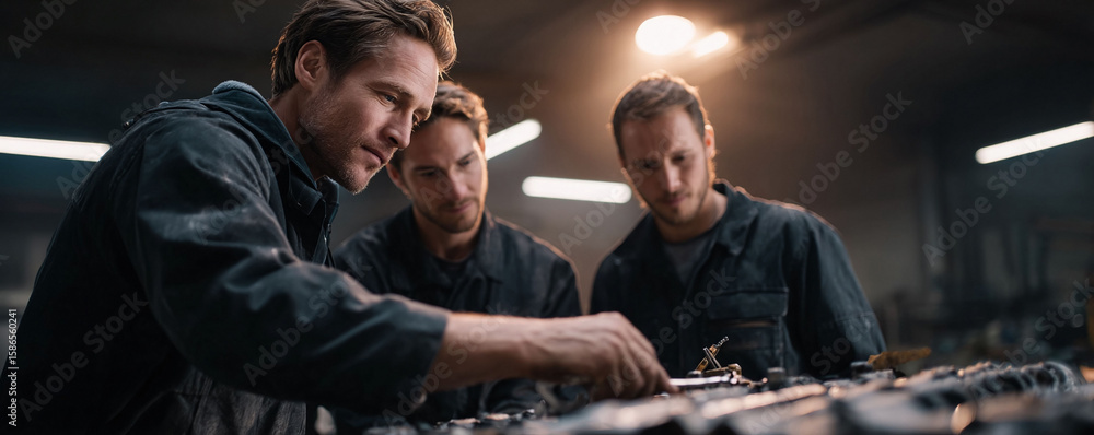 Poster teamwork in progress. three skilled workers collaborate on a mechanical project in a workshop. focus