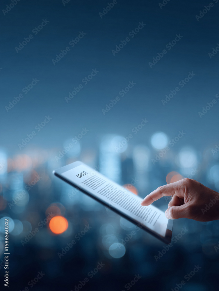 Poster modern digital reading. hand interacting with a tablet displaying text against a blurred urban backg