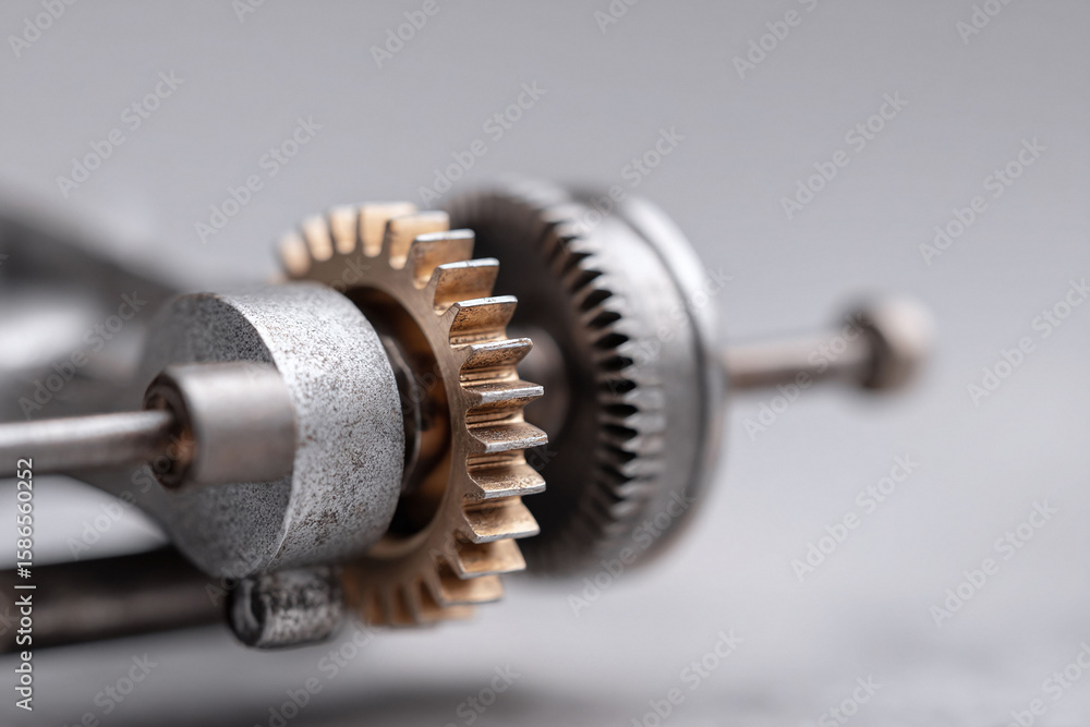 Poster intricate gears interlock, symbolizing precision and mechanics. closeup view emphasizing detail. per