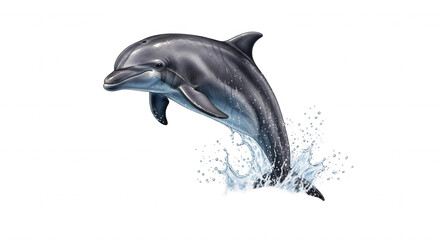 Naklejka premium A sleek grey dolphin gracefully leaps from the water creating a dynamic splash and water droplets isolated on transparent background