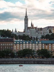 View of the Fisherman's Bastion and Matthias Church from across the Danube River in Budapest,...