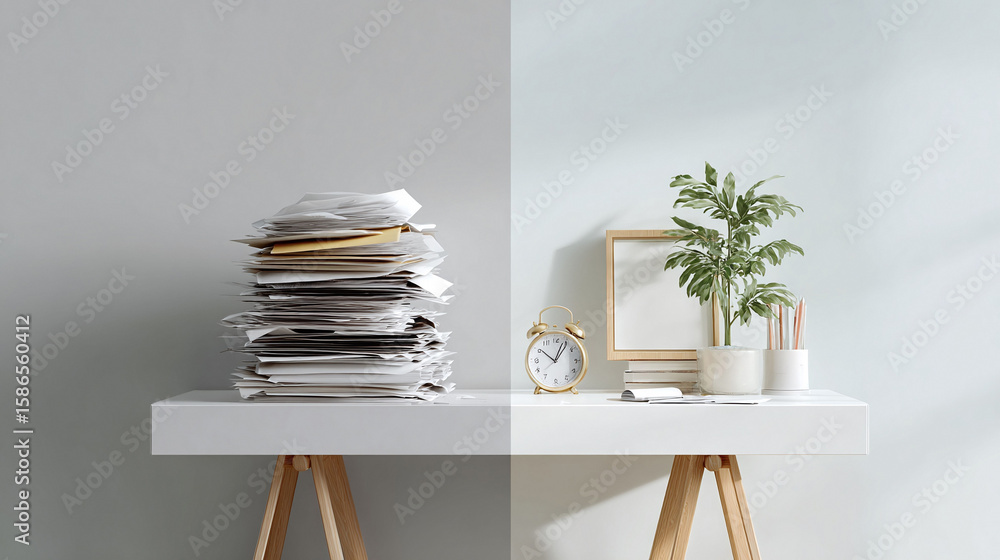 Poster order vs. chaos a pristine minimalist desk divided between a chaotic stack of papers and an organize