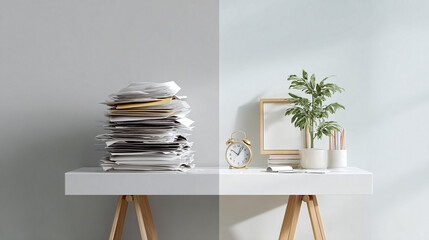Order vs. Chaos A pristine minimalist desk divided between a chaotic stack of papers and an organized, calming workspace. Shows workload, balance, and productivity.
