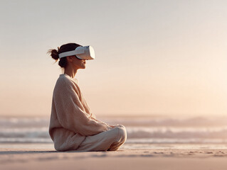 Woman meditating on beach, wearing VR headset. Conceptual image of technology nature. Ideal for digital wellness, future tech, or escapism themes.