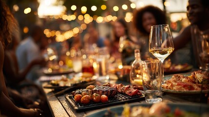 Outdoor dinner party celebration with friends, featuring delicious food, wine glasses, and festive string lights enhancing the warm ambiance.