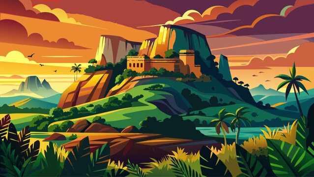 Sigiriya Rock Fortress, Matale, Sri Lanka &ndash; Rising from the jungle, this ancient rock fortress offers panoramic views. Its bold silhouette against sunrise sky makes a stunning, culturally rich vector 