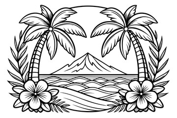 Tropical island scene with palm trees and volcano beach