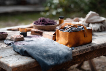 Rustic artisan workspace. Handdyed fabric, raw materials, leather bag on weathered wood. Evokes creativity, tradition, sustainability, craft. Use for blogs or ads.