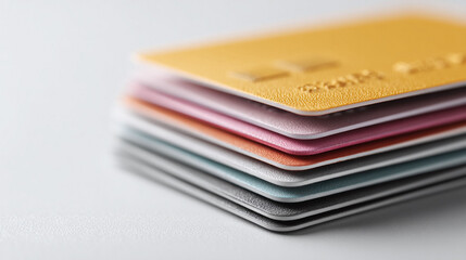 Colorful credit cards stacked, closeup on white. Represents payment options, banking, finance, or business expenses. Modern, minimalist style, use for financial themes.