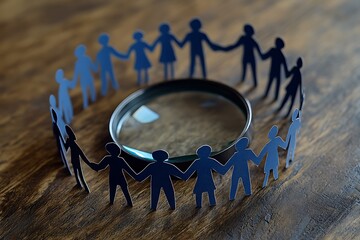 Magnifying family connections with paper cut-out figures holding hands in a circle on a wooden surface