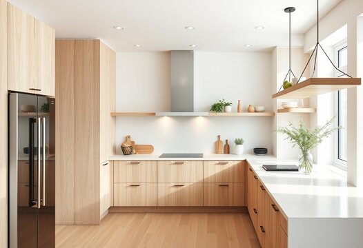 Elder wood grain Scandinavian kitchen with floating shelves