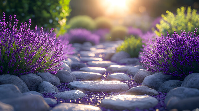 Calm Meditation Garden: A serene outdoor space with blooming lavender, flowing water features, and soft sunlight filtering through trees. Promotes mindfulness and stress relief for mental well-being