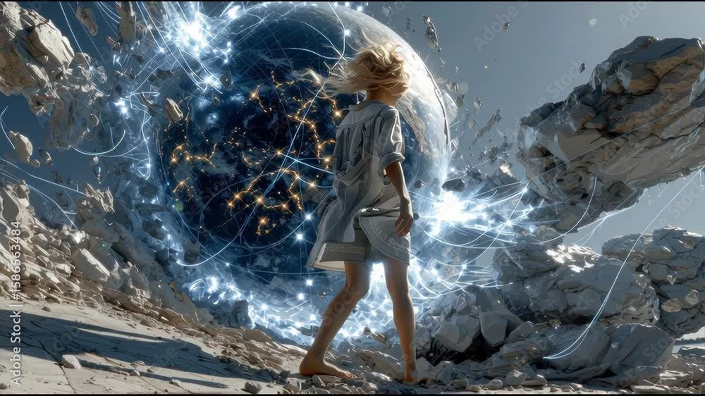 Poster a futuristic girl stands in front of a glowing world map, with illuminated fibers trailing from her 