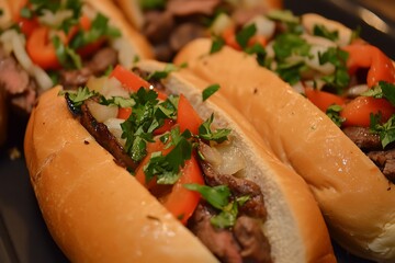 Close-up of gourmet beef sandwiches filled with seasoned beef, onions, bell peppers, tomatoes, and topped with fresh parsley