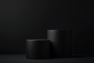 A minimalist studio shot featuring two tall, cylindrical black podiums against a completely dark backdrop, emphasizing simplicity and elegance