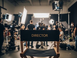 Director's chair on a bustling film set, symbolizing filmmaking, creative leadership, and the dynamic behind-the-scenes world of video production.