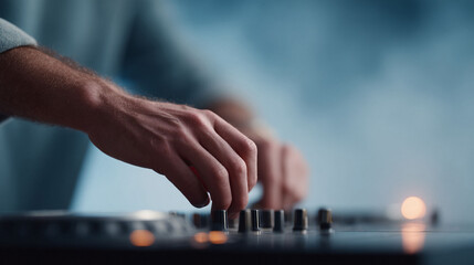 Fototapeta premium Close up of a dj mixing music at a sound mixer with hands in motion. Conceptual image for nightlife, creativity, music production, and artistic expression.