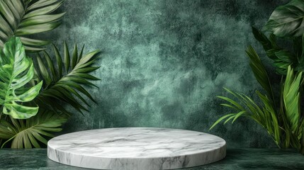 White marble podium surrounded by lush tropical foliage against a teal green textured wall