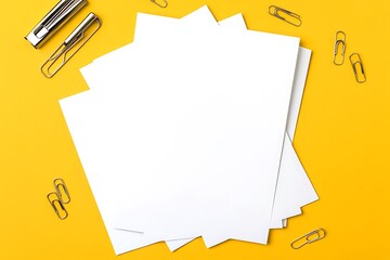 Flat lay of blank white papers with paperclips arranged on a vibrant yellow background