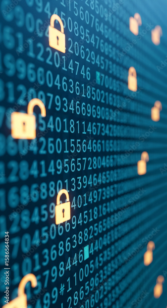 Poster digital background with blue numbers and glowing orange padlock icons, symbolizing data security and