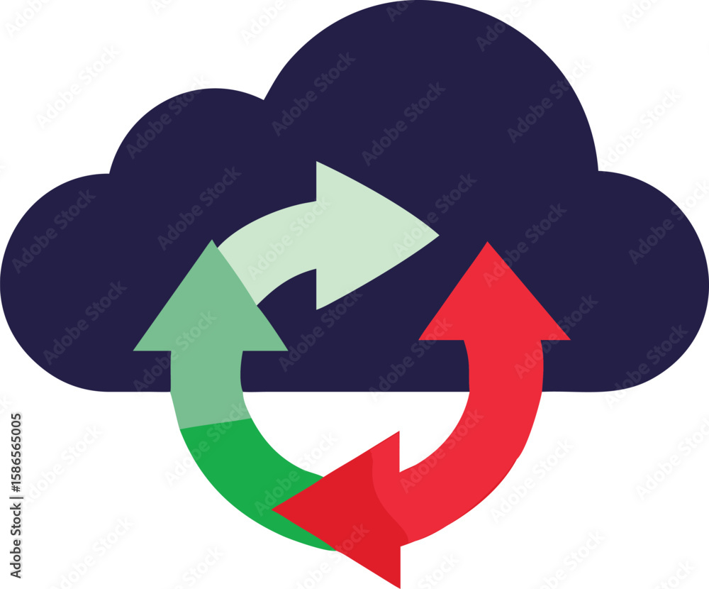 Poster dark blue cloud icon with three circular arrows red green and light green indicating data transfer o