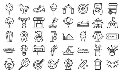 Collection of amusement park icons representing rides food and games