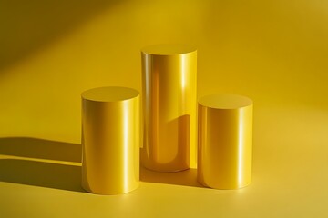 Three glossy, golden-yellow cylinder podiums arranged in a staggered formation against a vibrant yellow backdrop, creating an elegant display