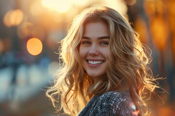 Portrait of beautiful young blonde woman smiling with perfect teeth at sunset during autumn