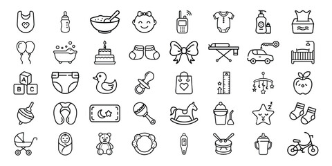 Collection of baby care and childhood icons in a clean outline style