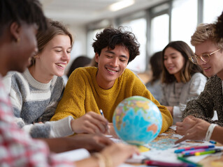 Diverse group of students collaborate on a project with a globe. Shows learning, teamwork, education, global awareness, and friendship. Suitable for educational materials.