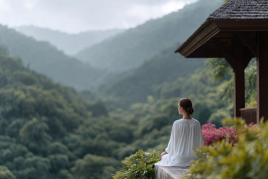 Woman meditating, finding inner peace in nature. Scenic mountain view, serene atmosphere. Ideal for wellness, mindfulness, or travel concepts.