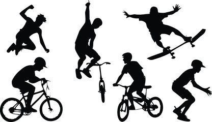 Extreme Sports Silhouette Vector Set, BMX, Skateboard, Scooter & Action Riders