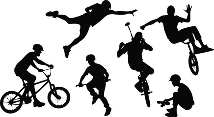 Extreme Sports Silhouette Vector Set, BMX, Skateboard, Scooter & Action Riders