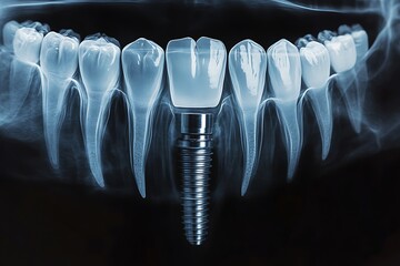 Close-up dental X-ray showing dental implant positioned within a patient's jaw