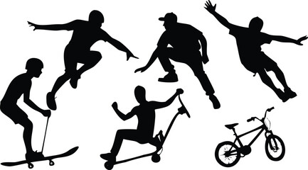 Extreme Sports Silhouette Vector Set, BMX, Skateboard, Scooter & Action Riders