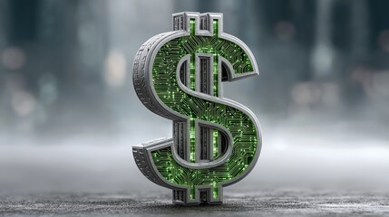 Futuristic metallic dollar sign with glowing green circuit board pattern, symbolizing digital finance and cryptocurrency.