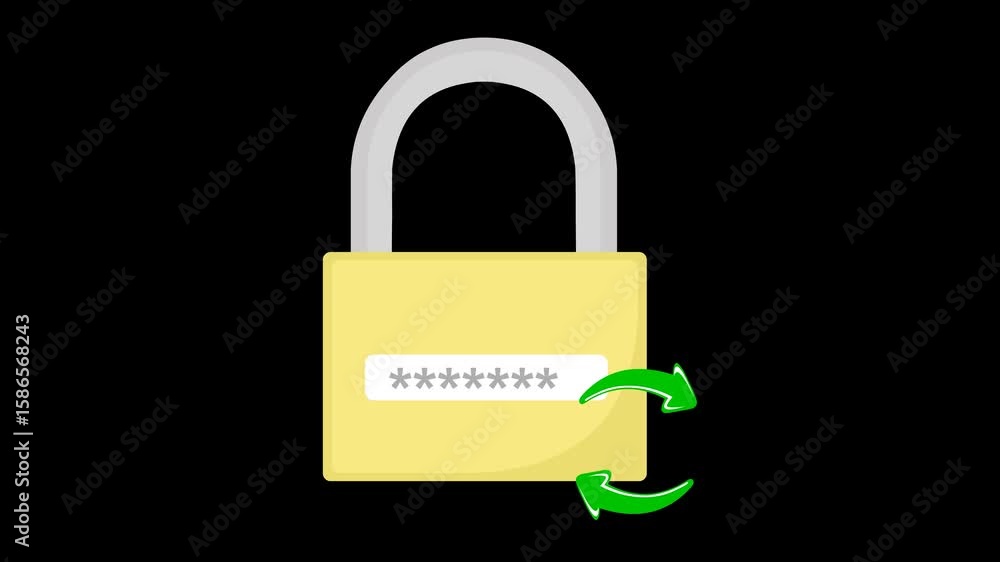 Poster video animation padlock and update arrows moving, in reset update password concept icon, on a transp
