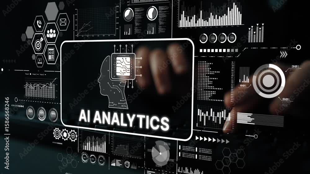 Poster Futuristic AI Analytics Interface with Graphs and Digital Data Visualization in Modern Technology Environment. Asymptotic smart data analytic.
